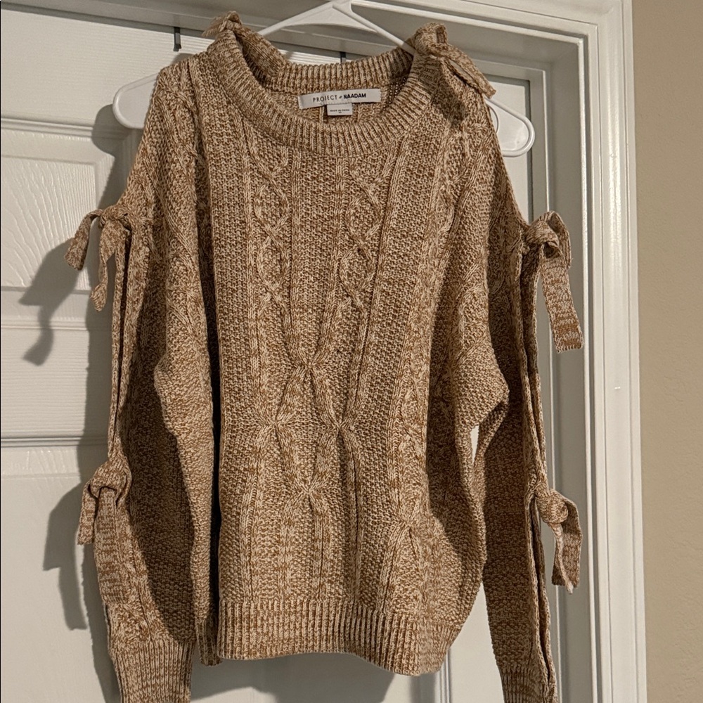 Cozy Tan Cable Knit Sweater with Bow Details